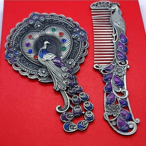 Vintage Peacock Mirror Comb Gift Set Antiqued Rhinestone Regency Vanity Boxed main image 4